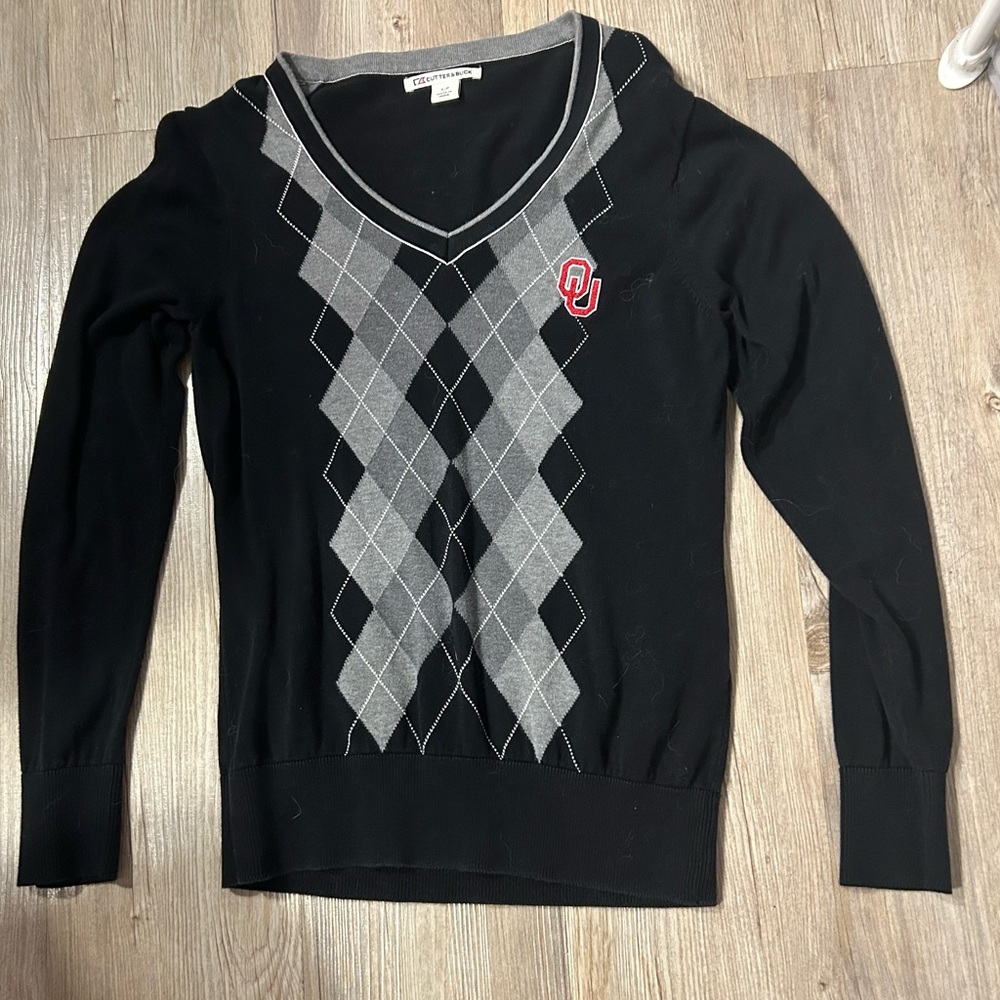 Cutter & Buck Black and Gray Argyle V-Neck Sweater OU Oklahoma Women’s Small